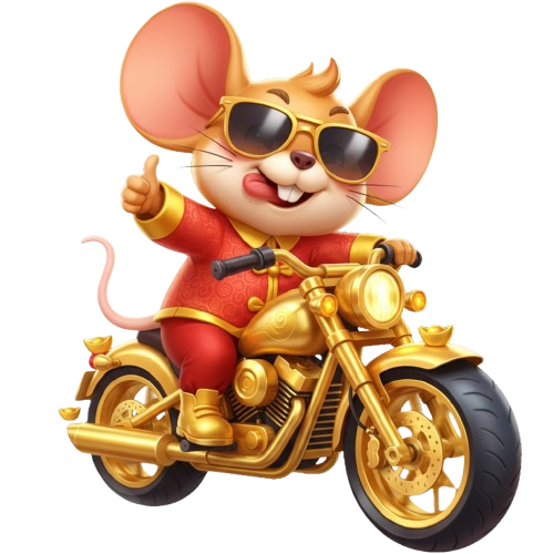 Lucky mouse on a golden motorcycle